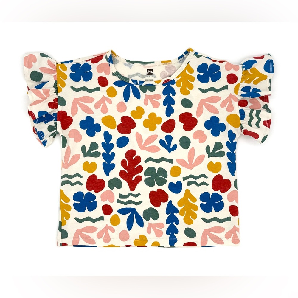 VGUC Tea Collection Big Girls Floral Ruffle Crop Tee Top in White 10-12